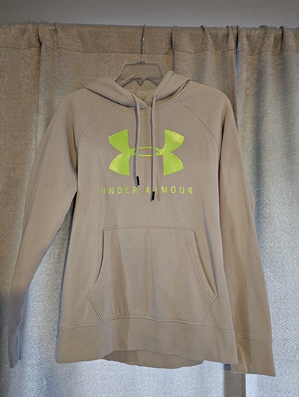 Under Armour Beige Hoodie with Neon Green Logo - SIZE S
